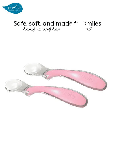 Set of 2 Silicone Spoons | Easy Eating | Gentle on Gums and First Teeth | Hygienic Resting Support | Ergonomic & Non-Slip Handle | Ideal for Self-Feeding | BPA-Free | 13 x 2.5 cm | pink