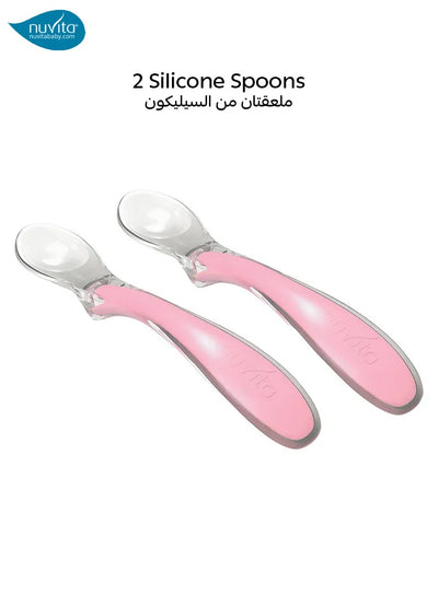 Set of 2 Silicone Spoons | Easy Eating | Gentle on Gums and First Teeth | Hygienic Resting Support | Ergonomic & Non-Slip Handle | Ideal for Self-Feeding | BPA-Free | 13 x 2.5 cm | pink