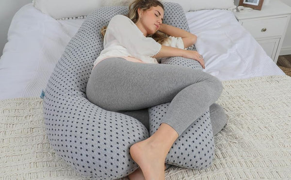 PharMeDoc Pregnancy Pillow, U-Shape (Jersey Grey Stars Pattern, Detachable) Full Body Pillow and Maternity Support for Back, Hips, Legs, Belly for Pregnant Women, Jersey Grey Stars