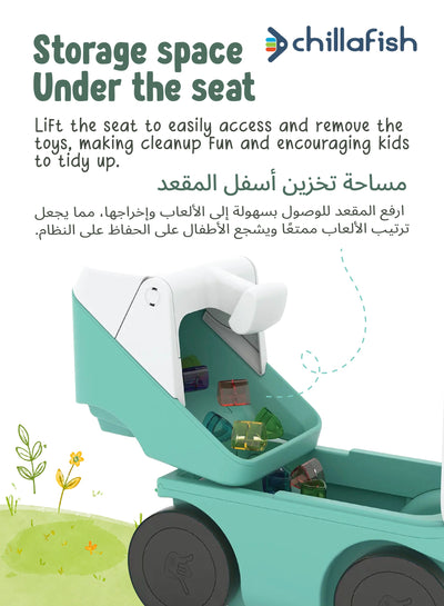 Blockie Mint Toddler Ride-On with 10 Play Blocks | Storage Trunk | 4-Wheel Stability | 1-3 years