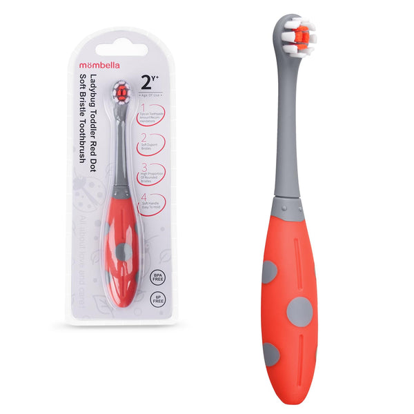 Mombella Ladybug Toddler Toothbrush for 2+ Years – Soft Dupont Bristles, BPA-Free, Silicone Training Toothbrush for Oral Care & Teething Relief, Fun Ladybug Design